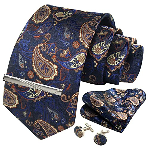 CWKOON Paisley Gold Blue Mens Tie Formal Necktie Pocket Squares Ties Clips Cufflinks Classic for Men Set