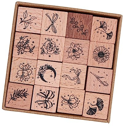 VOANZO Set di timbri in Legno da 16 Pezzi, timbri Decorativi in Legno Che combinano Piante e Stelle Set di timbri per Artigianato Fai-da-Te Creazione di Biglietti Calendari
