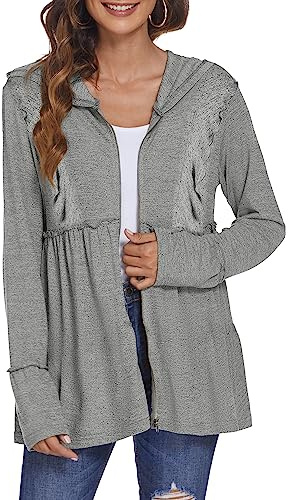 DEESHA Full Zip Up Hoodie for Women Pleated Tiered Ruffle Hooded Sweatshirts Jacket Coat Long Sleeve (Grey, XX-Large)