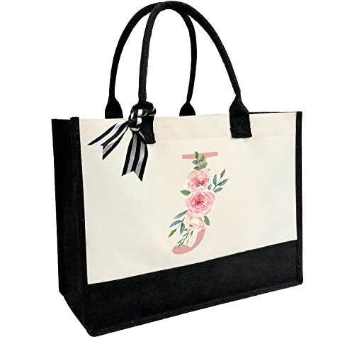 Sac de plage personnalisé en toile avec poche intérieure zippée, double bandoulière, sac en toile de jute monogrammé pour le travail quotidien et les voyages, Lettre J rose, Taille unique pour tous