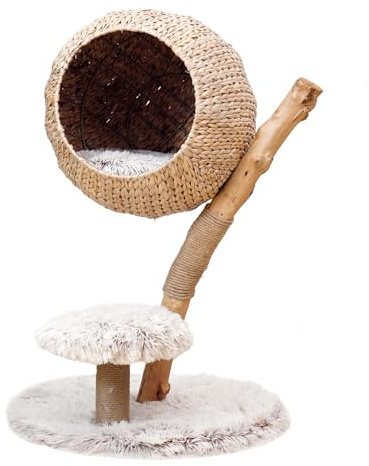 Fudajo Kratzbaum Zweigdesign mit Katzenkorb 83 cm hoch, Designer Katzenkratzbaum mit Liegekorb in Flecht-Optik, Katzenbaum aus Holz mit Plüsch