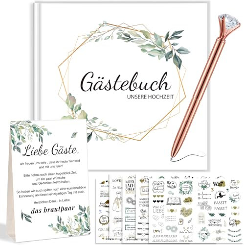 JONRRYIN Gästebuch Hochzeit, Hochzeitsbuch mit Gratis Stift, Sticker und Hochzeit Tischkarten, 21x21 cm, 100 Seiten, Hochzeitsgästebuch, Hochzeitsalbum für Erinnerungen
