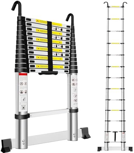 Exleiter Extendable Telescopic Ladder 3.8M, Aluminium Telescoping Ladder with Detachable Hooks and Stabiliser Bar, Adjustable Height Portable Sturdy Loft Ladder Secure Climbing for Home