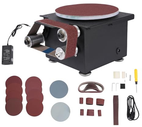 Band tallriksslip, 100 W minikvarn bälte maskin med 10 slipskivspapper, 10 slipband, 20 mm & 40 mm diameter sandrulle pelare