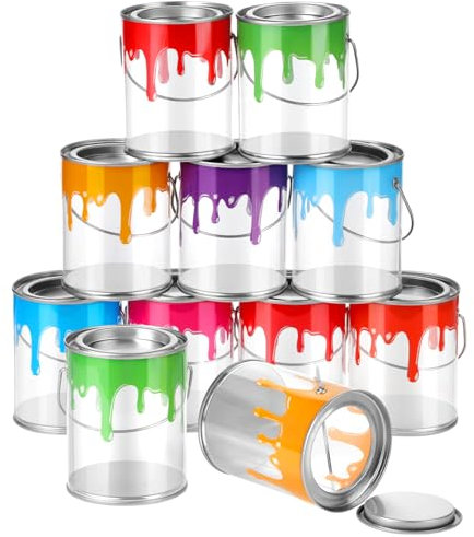 Reallnaive 24 Pcs Art Paint Party Favors Clear Empty Paint Cans Bulk with Lids Mini Size Transparent Plastic Buckets Mini Containers for Party Supplies Treats Candy Crafts DIY Decor, 2.76 x 3.54 Inch