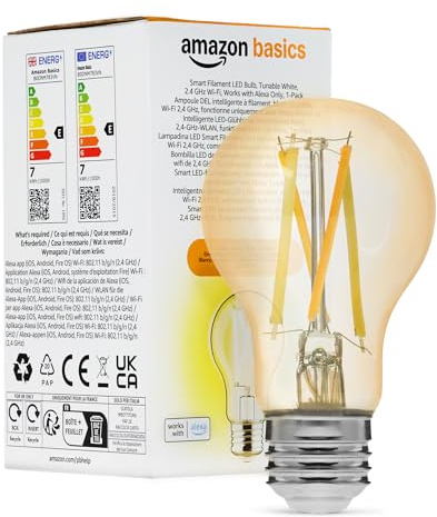 Amazon Basics Bombilla LED de Filamento Inteligente A60, Luz Blanca Ajustable, Wifi de 2,4 GHz, Paquete de 1