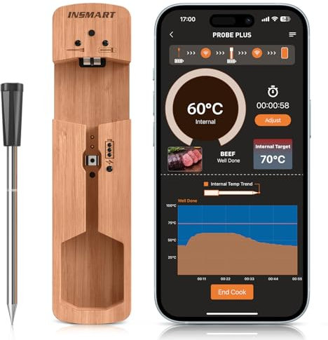 Smart Wireless Meat Thermometer, 100m Range Bluetooth Meat Thermometer Probe for Cooking, Food Thermometer with Smart APP