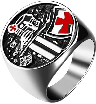 Flongo Tempelriddare sigillring för män: Korsmedalj rostfritt stål skyddsskylt sigillring med ärängel Michael amulett korsriddare smycke religiös gåva för katolska, Rostfritt stål