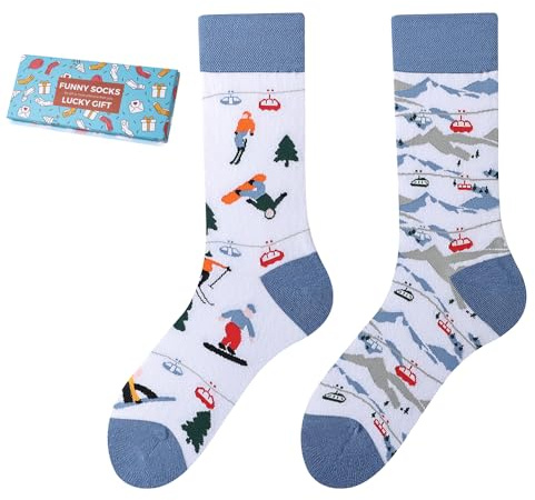 NxnChc Lustige Socken Für Damen Und Herren Unisex Viele Bergski MotiveTier Essen Obst Sport Kunst Aus Baumwolle Geschenk Asymmetrische Muster Links Und Rechts