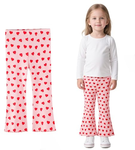 Domueay Leggings para Niña Algodón Pantalones Acampanados Cómodos y Transpirable Mallas Elásticas Deportivas para Ballet Escolar Legging con Estampado Corazones Infantil Ropa 6-7 Años, Rosa