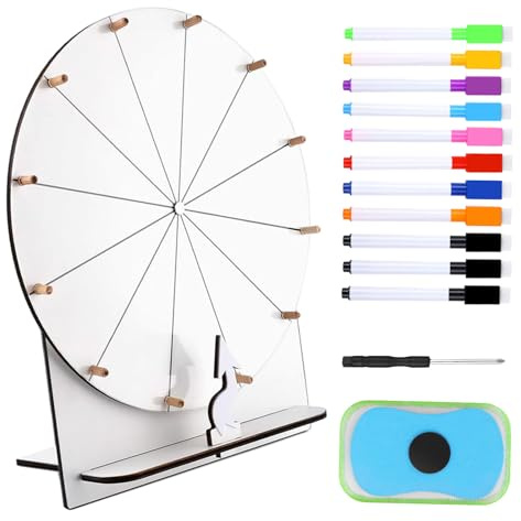 Roue de la Fortune, 29 cm Acrylique en Bois Fortune à Tourner, 12 Personnalisable Emplacements Roue de la Chance, DIY Roulette avec Marqueur et Effaceur, pour Les Aléatoires, Blanc