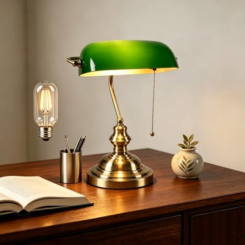 FIRVRE Green Glass Bankers Desk Lamp with Brass Base, Vintage Library Lamp with Pull Chain for Home Office, Study Room (LED Bulb Included)