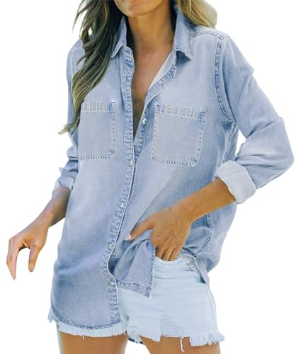 Generisch Camisa vaquera para mujer oversize elegante corte normal con bolsillos en el pecho, blusa vaquera, camisa vaquera, camisa occidental, moderna, informal, para mujer, camisa vaquera, camisa