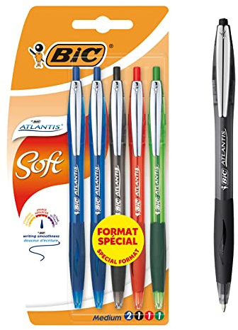 BIC Atlantis Soft Stylos-Bille Rétractables Pointe Moyenne (1,0 mm) - Couleurs Assorties, Blister Format Spécial de 5