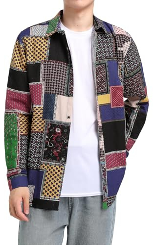 Camicia Elegante da Uomo Shirt Elegante a Maniche Lunghe in Lino Stampato Camicia Casual Fantasia Floreale Tops Pattern Unico cs8 L