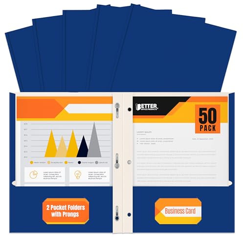 Better Office Products Blue Paper 2 Pocket Folders with Prongs, 50 Pack, Matte Texture, Letter Size Paper Folders, 50 Pack, with 3 Metal Prong Fastener Clips, Blue