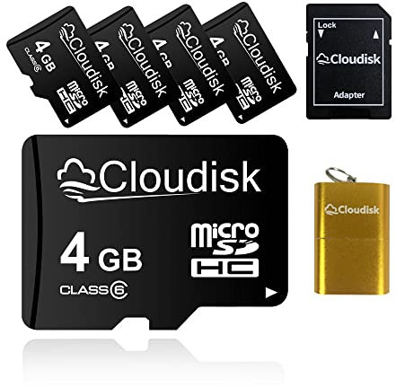 Cloudisk Pack de 5 Cartes Micro SD de 4 go Carte mémoire microSD class6 de 4 go avec Lecteur de Carte + Adaptateur SD Vendu en Vrac