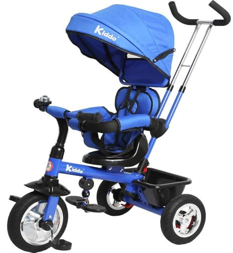 Kiddo Smart 4 in 1 Kids Children Trike Tricycle with Rotating Seat, Rear Brake and Sun Canopy (Blue)