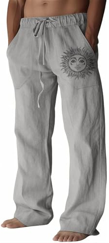 Pantalon en Lin pour Homme - Léger - en Coton - Coupe Ample - Décontracté - pour la Plage