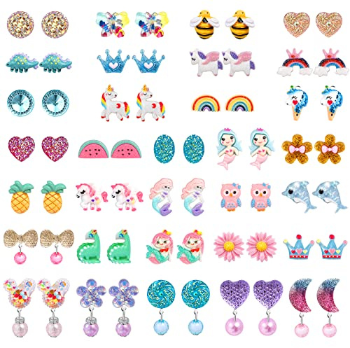 DEVIENG Clip On Earrings Hypoallergenic Clips Earrings Sets Suitable for Ages 4-12 Little Girls, Cute Small Clips On Earrings Jewelry Gifts Set (Clip On Earrings-32 Pairs)