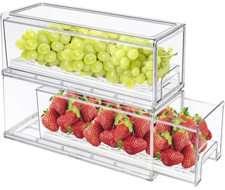 MANO 2Pack Clear Fridge Drawers Pull Out Stackable Refrigerator Drawer Organizer Bins Pantry Storage Box Plastic Food Containers for Kitchen Bathroom Office Closet(X-Small)
