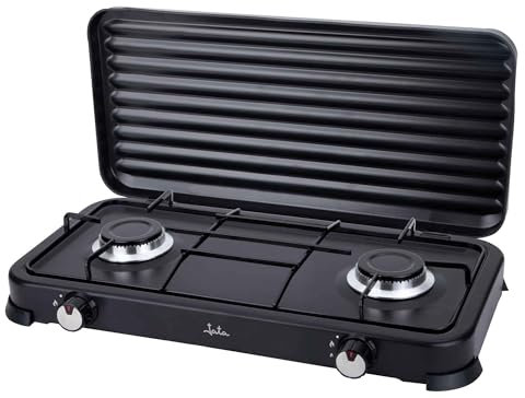 Jata JECG2702 Cocina de Gas portátil de 2 fuego con parrilla, Apta para butano y propano, Tapa protectora extraíble, Ideal para camping, Ocupa poco espacio
