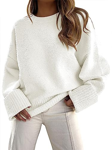 ANRABESS Women's Oversized Sweaters 2025 Long Sleeve Fuzzy Knit Casual Chunky Pullover Sweater Fall Outfits Clothes White Large