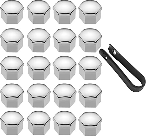 LICQIC 20 Pcs Capuchon d'écrou de Roue 17mm Capuchons d'écrou de Boulon de Roue, Cache-écrous de Pneu hexagonaux avec Ensemble d'outils de démontage pour Voitures, Gloss Argent