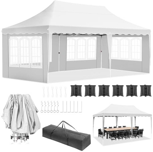 Tonnelle Pliante 3x6 M Imperméable, Tonnelle de Jardin 290-300-310 cm de Haut, Protection UV 50+, avec 4 parois latérales, 12 Crochets de Terre, 6 Cordes et 6 Sacs de Sable, Gazebo Jardin Blanc