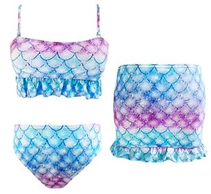 PAEHUIMT Badeanzug Mädchen, Schwimmshirt Kinder 4-12 Jahr，Bikini 3Pcs, Badebekleidung，Verstellbare Schultergurte Bademode (5-6 Jahre, Rosa&blau)