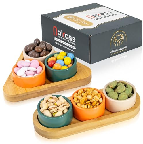 Nakass 6x Snackschalen Servierschalen 2x Sets aus Keramik - Dessertschalen, Snackteller mit 2x Bambus Holztabletts als Tapas Schalen - Serviertablett Süßigkeiten Schale für Küche Esstischdeko