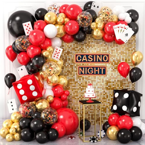 Casino Decoration Anniversaire - 131pcs Deco Fete avec Ballons Rouge Noir Doré Accessoires Arche Ballon Dés Cartes Poker pour Soirées Casino Clubs Las Vegas Anniversaires Hommes Femmes Enfants Adultes