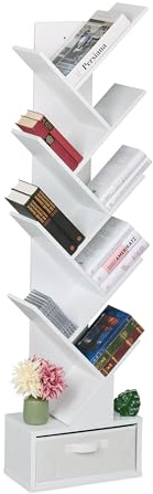 Relaxdays Estantería Libros, 9 Estantes, Librería Árbol, 146 x 38 x 22 cm, para CDs y DVDs, con Cajón, Salón, Blanco