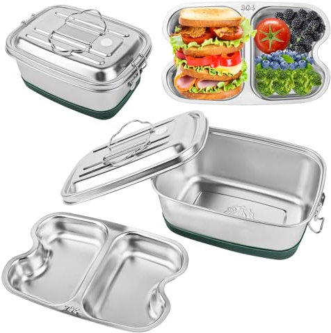 1200ml Boîte à Bento en Acier Inoxydable, Lunch Box Inox en Anti Fuite avec 2 Compartiment, BoîTe à Lunch en Portable Box Durable et éCologique pour Bureau, Camping, Ecole, pour Enfants et Adultes