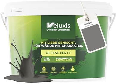 Veluxis® Pintura de pared gris para interiores - 2,5 litros y opacidad clase 1, sin vetas, antigoteo, ecológica y sin COV (Poised Pepper)