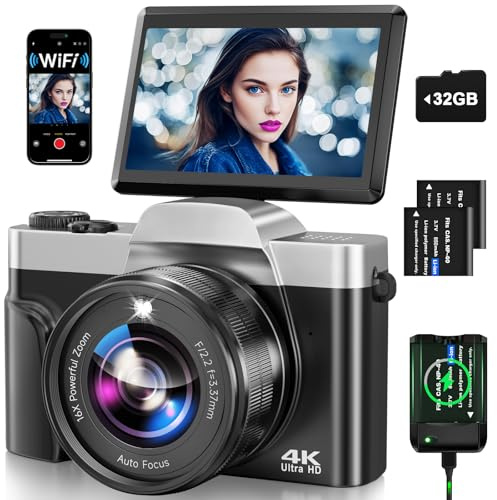 Digitalkamera, 4K 64MP Autofokus Kamera Fotokamera Mit WLAN, 3 180° Klappbarer Bildschirm Digital Kamera mit 32GB Karte, Ladestation, 2 Akkus Fotoapparat Kompaktkamera für Anfänger Teenager -Schwarz