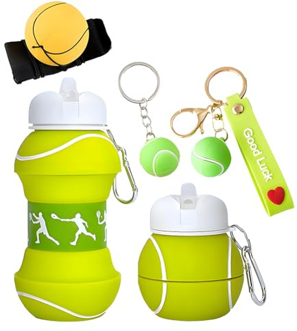 GlibberToy Borraccia Silicone Design Tennis per Bambini e Adulti, Borraccia Silicone con Portachiavi Tennis, Bottiglia Richiudibile da 550 ml, Sfera da polso, Adatta Scuola, Viaggi All'aperto e Sport