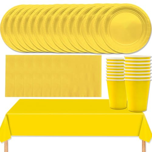 MOMAHUA Set da tavola per festa 53 pezzi set da tavola giallo con piatti, tovaglia, tovaglioli, tazze, decorazioni da tavola tinta unita per compleanni, matrimoni, picnic, baby shower