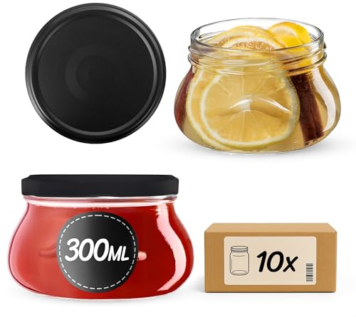 KADAX Barattoli per marmellata da 300 ml con tappo a vite, 10 pezzi, Nero Opaco