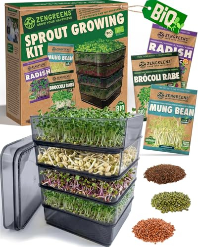 zengreens® Germogliatore a torre biologico - torre per germogli a 4 livelli - Include e semi (broccoli, ravanello & fagiolo mungo)