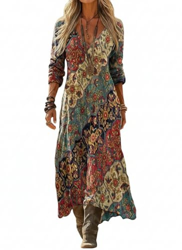 Women's Multicolor Floral Bohemian A-Line Maxi Dress, Long Sleeve Loose Vintage Patchwork Ethnic Flowy Dress
