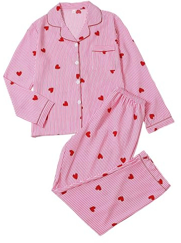 Ensemble pyjama rayé pour femme avec motif coeur-Pyjama à manches longues avec chemise et pantalon Vêtement de nuit élégant jour de la Saint-Valentin satin Ensemble de Pyjama à imprimé cœur #0123