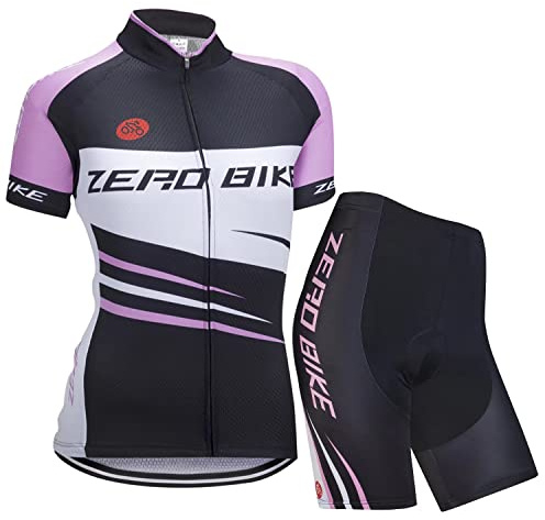 Dam andas snabbtorkande cykeltröja set, utomhus kortärmad cykeltröja + 3D gel vadderade korta byxor cykelbyxor, Svart randig med rosa, XL