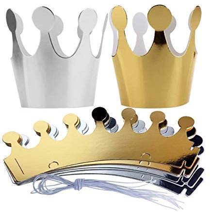 Happium Birthday Crown Paper Hats 10pcs Prince, Princess Party Favors for Kids, Silver and Gold Crown Party Decorations