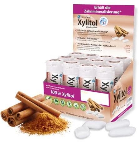 miradent Xylitol Zahnpflegekaugummi Zimt Display 12 St. | würziger Geschmack | zuckerfrei | vegan | kariespräventiv | für unterwegs
