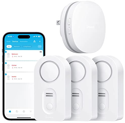 Govee WiFi Water Leak Detector 3 Packs, Leak Alert with Remotely Email/APP Push and Sound Alarm, Smart Water Sensor with 100dB Adjustable Alarm, Suit for Home and Basement