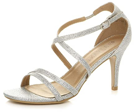Ajvani Womens Ladies mid high Heel Strappy Crossover Wedding Sandals Shoes , Silver Shimmer Glitter, 5 UK