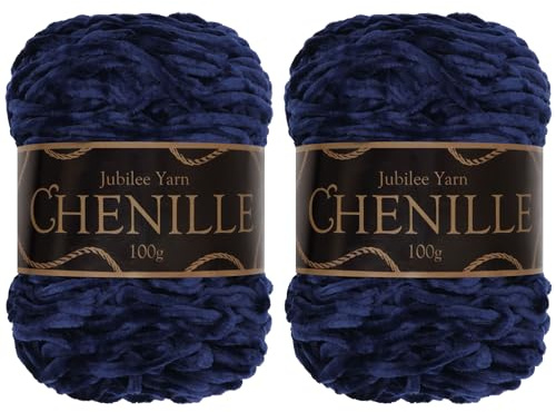 JubileeYarn Chenille Yarn – kamgarn, vikt – 100g/nystan – Heart of The Ocean – mörk marinblå sammet – virkning och stickgarn – 2 nystan