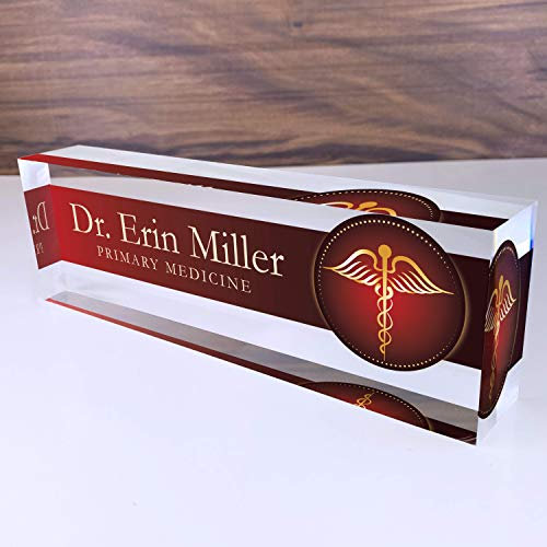 Artblox Placa de nombre personalizada para escritorio de oficina, placas de nombre personalizadas para escritorios, diseño médico sobre vidrio acrílico transparente, bonitos accesorios de escritorio
