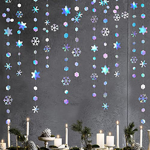 Clearance 52Ft Winter Wonderland Party Decoration Iridescent Snowflake Garland Holographic Paper Snowflake Streamer for Winter Onederland Christmas Frozen Birthday Wedding Bridal Shower Party Supplies